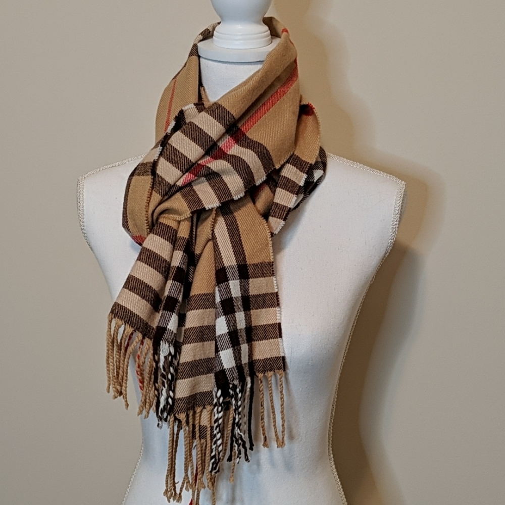 Lightweight Plaid Scarf Tan Brown White Red